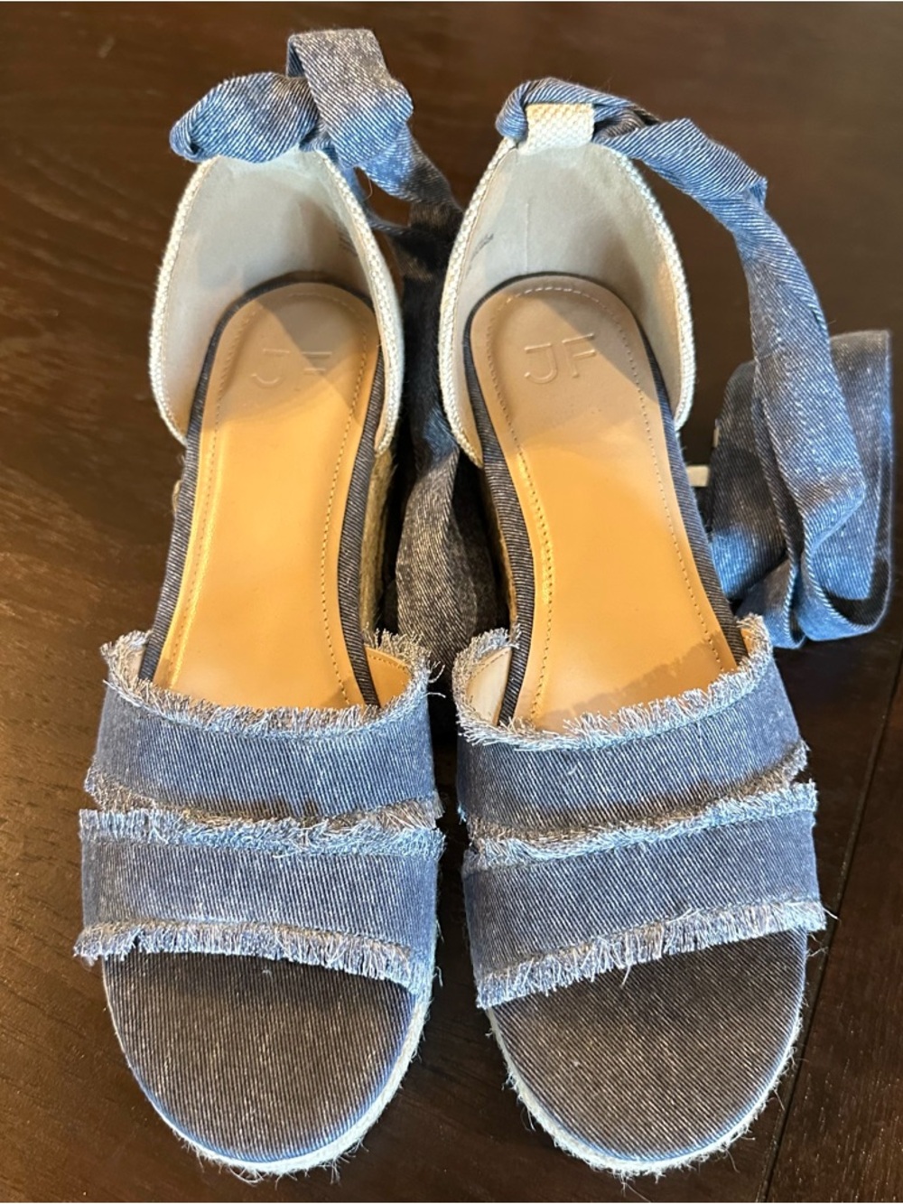 JustFab Frayed Denim Tie-Ankle Espadrille Wedges - Blue